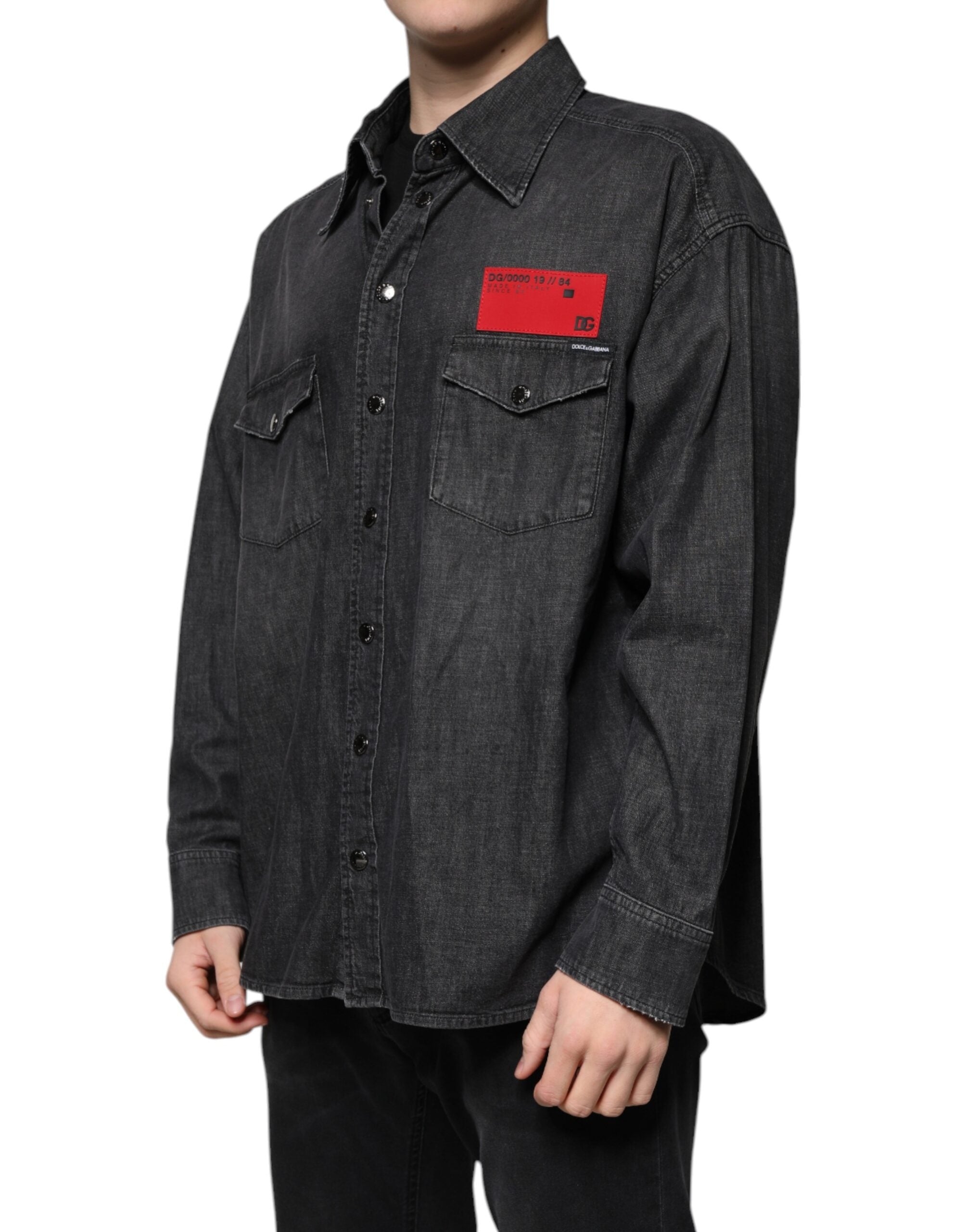 Dolce & Gabbana Black logo cotton shirt with denim button placket